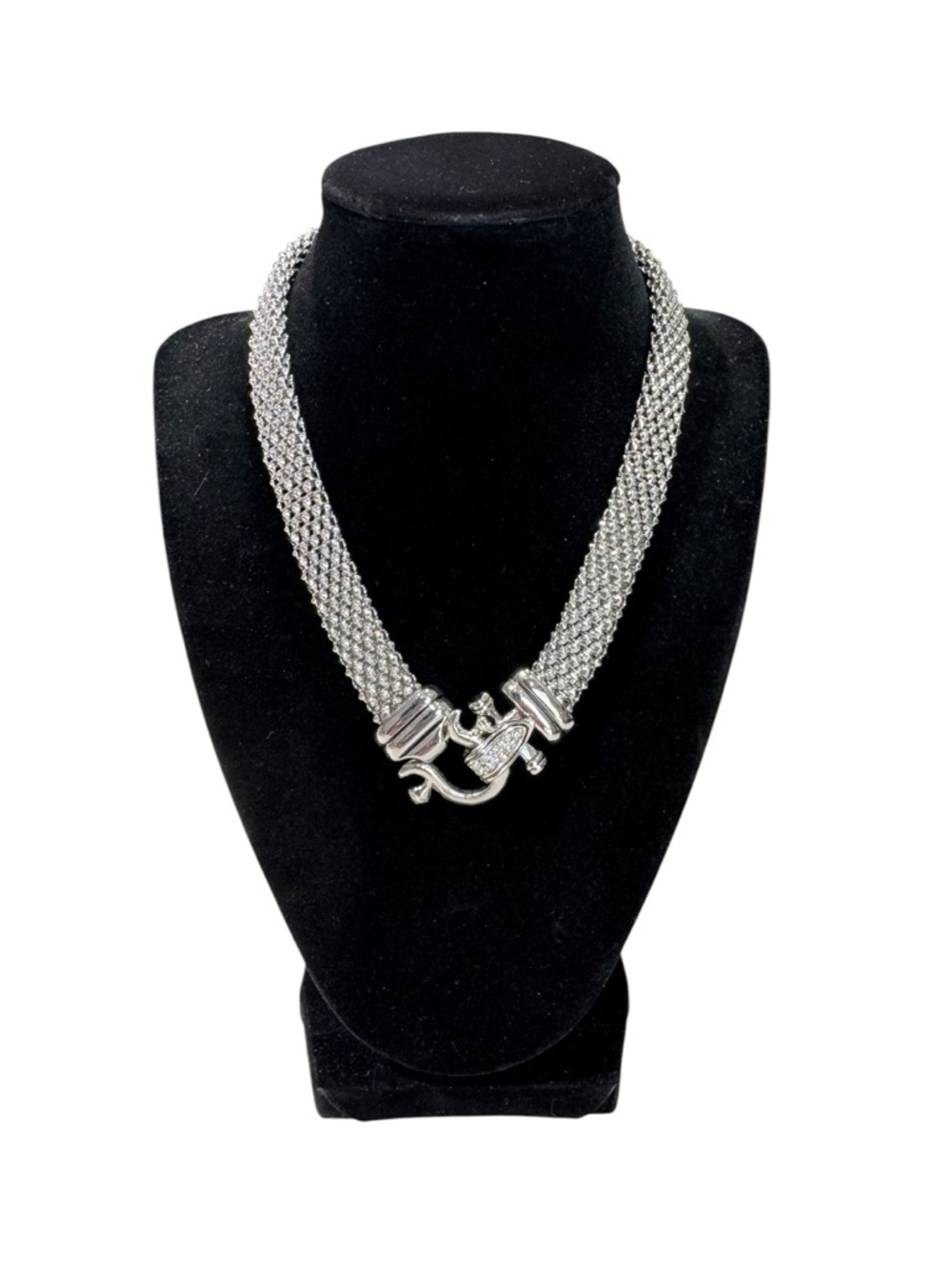 Silver Tone Mesh Sculpted Pave Crystal & Magnetic Buckle Clasp Necklace